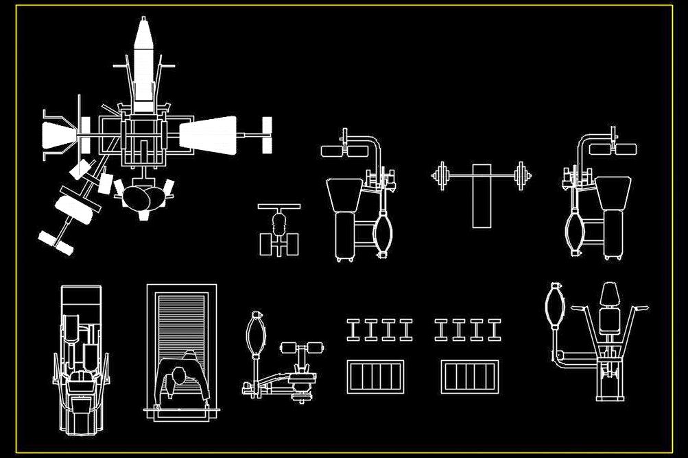 Gym Equipment Free CAD Blocks - Treadmill, Cross Trainer, Dumbbells